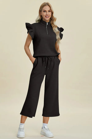 Front look of Double Take textured ruffle top and pants set