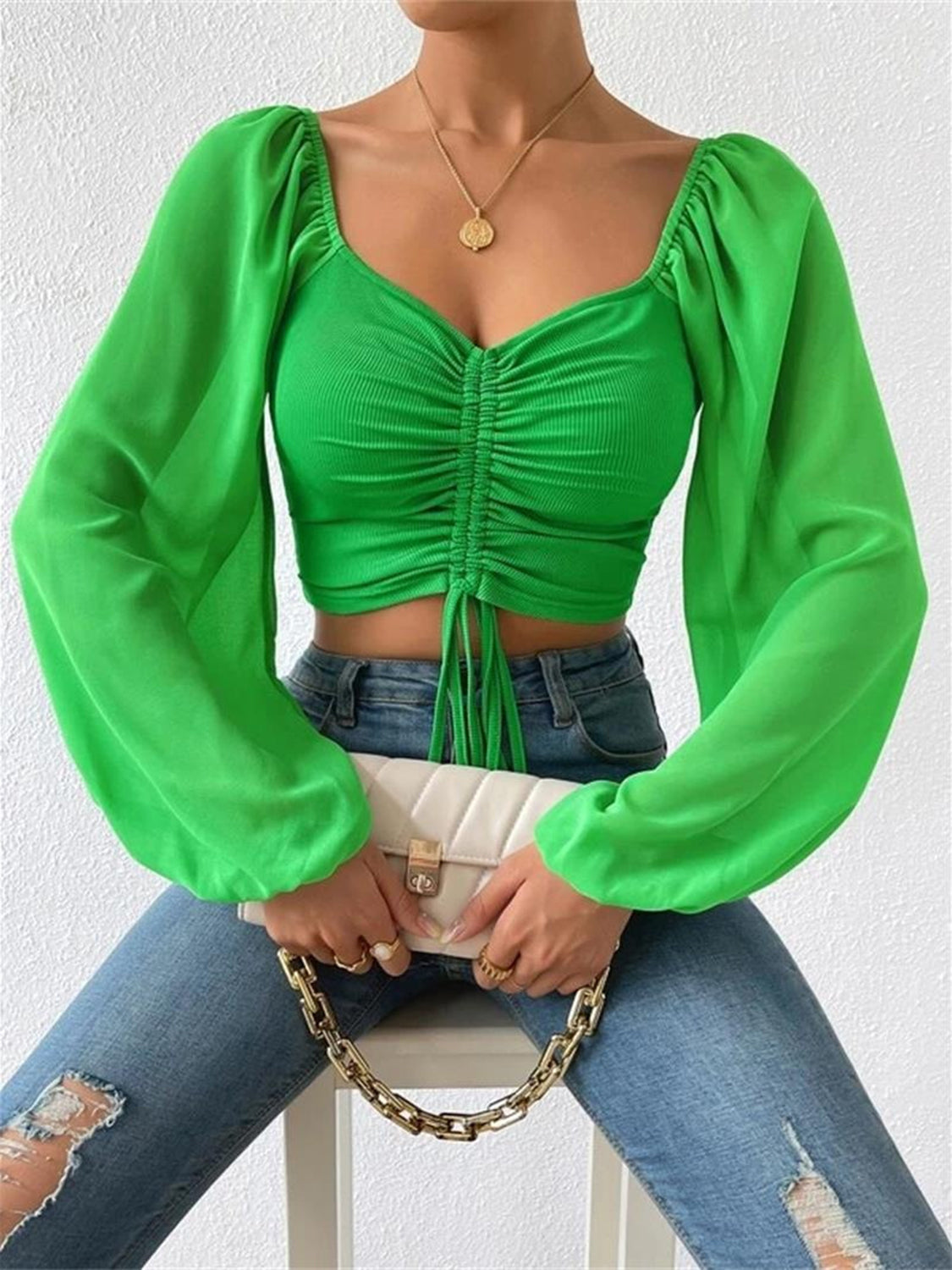 Chic front view emphasizing the top’s cut and shape