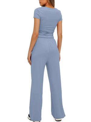 Short sleeve top and drawstring pants set back fit