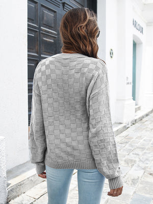 Rear view dropped shoulder sweater cozy long sleeve knitwear