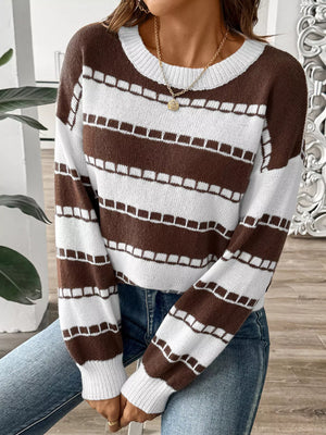 Alt: dropped shoulder striped sweater front loose fit style