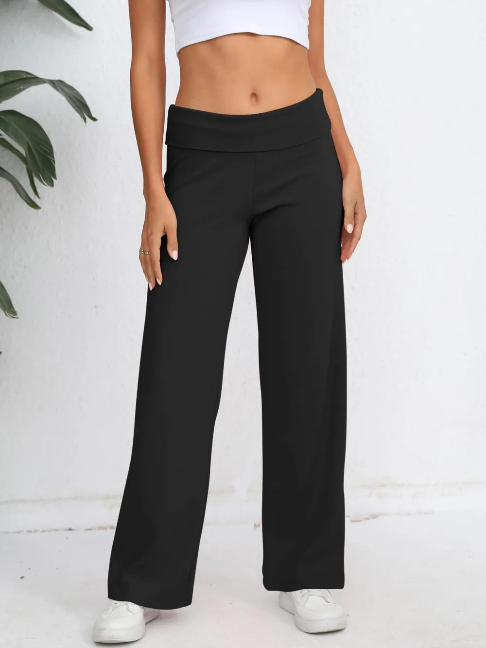 Elastic waist wide leg pants front view