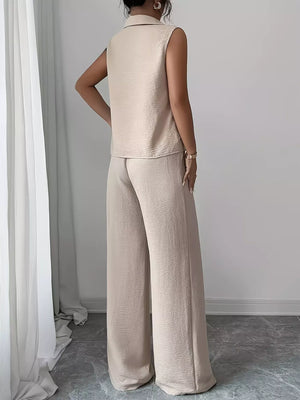 elegant sleeveless top and wide pants back view