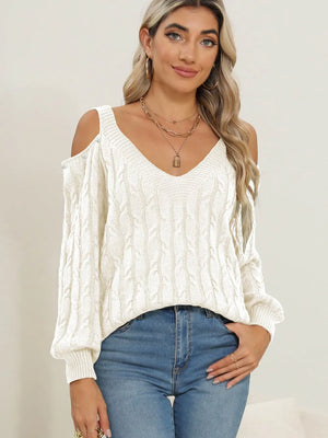 Stylish front look of Cable-Knit Cold Shoulder Sweater for women