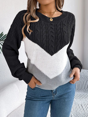 Fashion cable knit sweater front view color block design
