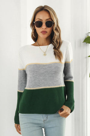 Front look of horizontal ribbing sweater