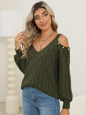 Front of Cable-Knit Cold Shoulder Sweater with cold shoulder detail