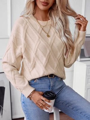 Front side geometric pattern sweater round neck long sleeve casual outfit