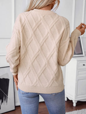 Back view of geometric round neck long sleeve sweater cozy women knitwear