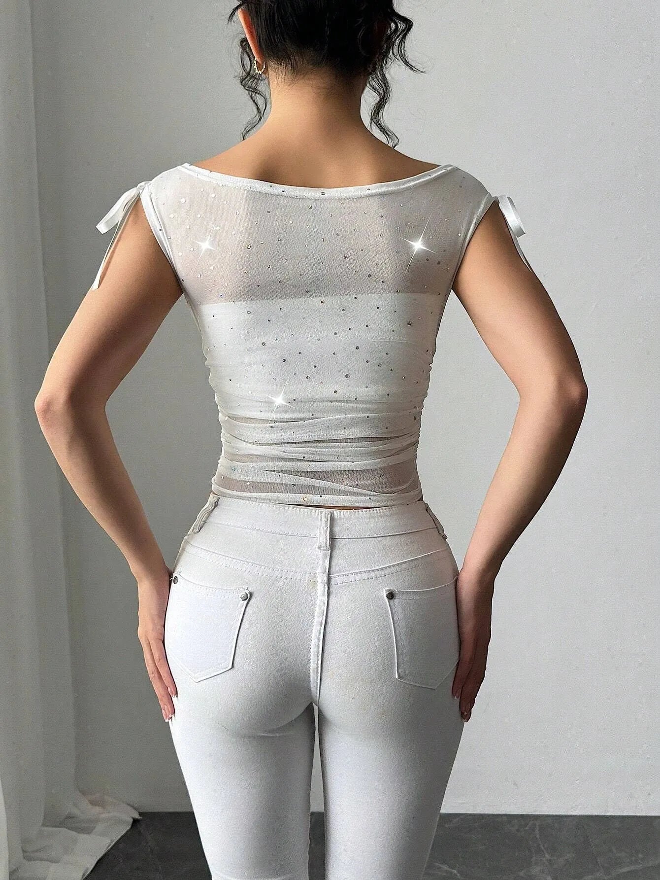 Glitter stars sheer mesh crop top back view