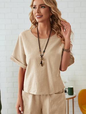 Stylish front look of half sleeve top and pants set