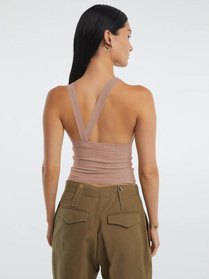 Back view emphasizing the top’s halter strap detail
