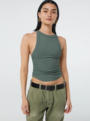 Front perspective highlighting neckline and ribbed fabric