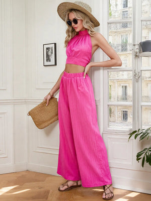 Side view of halter neck cami top and pants set