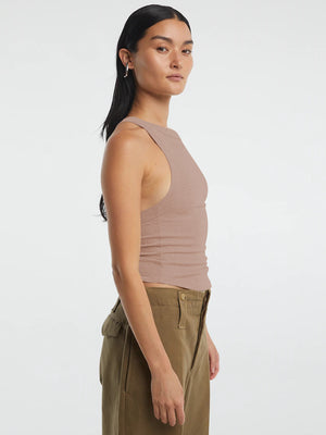 Side angle showing ribbed fabric and top’s silhouette
