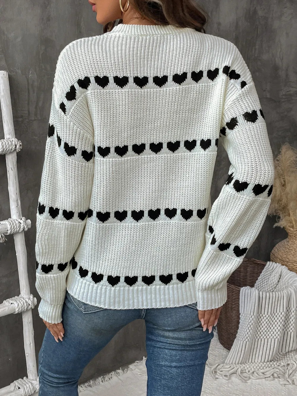 Back view of Perfee heart round neck long sleeve sweater
