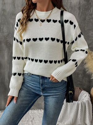 Perfee Heart Round Neck Long Sleeve Sweater front view with heart pattern