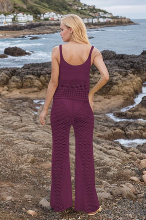 Back view of hollow out round neck top and pants set