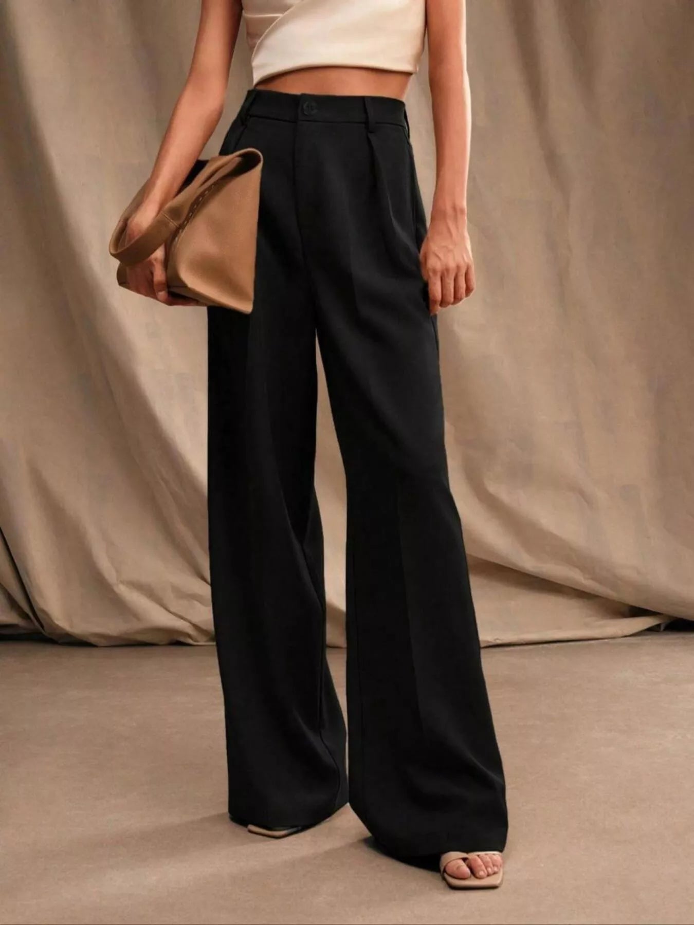 Front view of high-waisted wide-leg pants