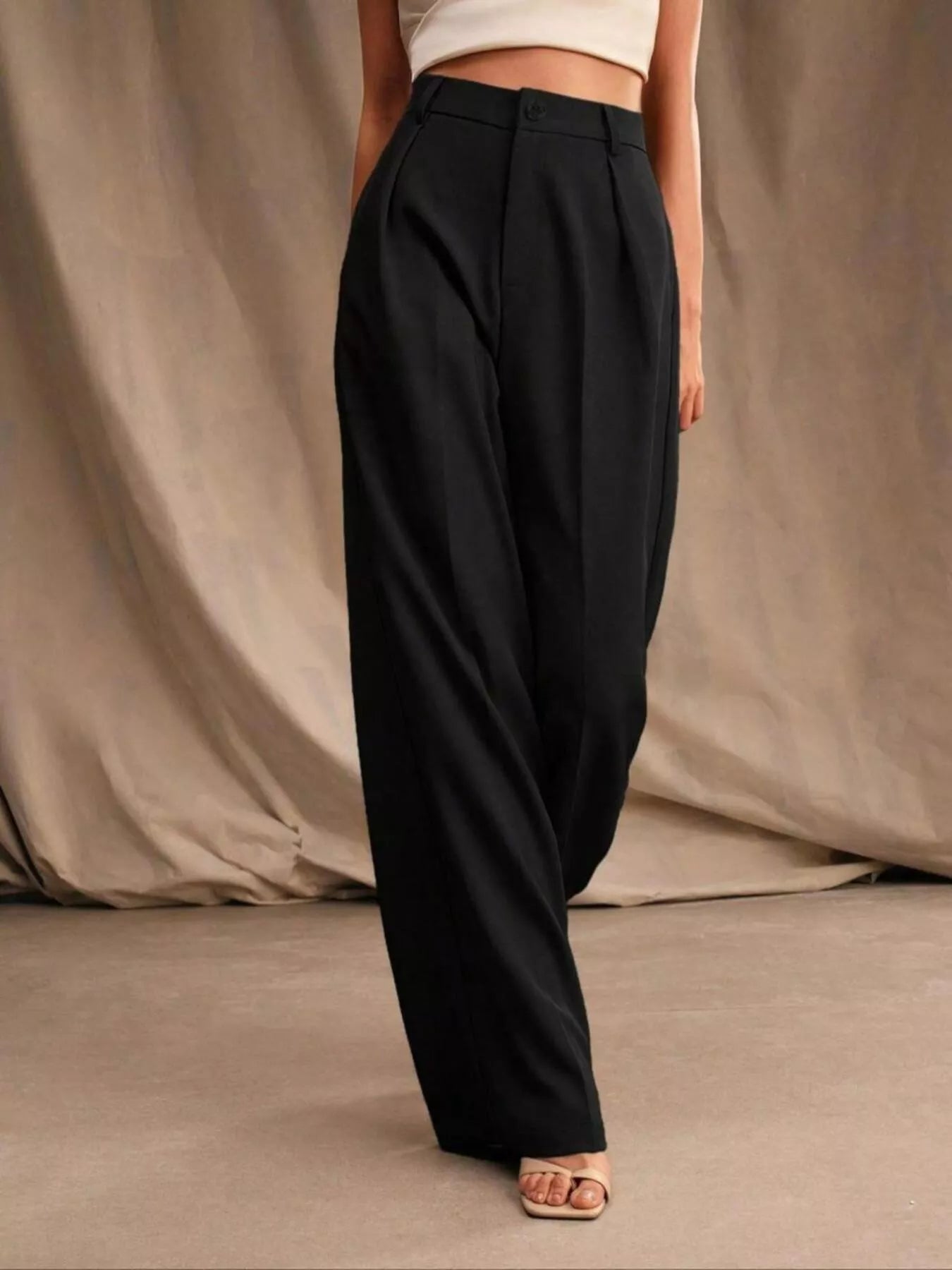 Front angle view of stylish wide-leg pants