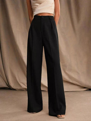 Side view of high-waisted wide-leg pants