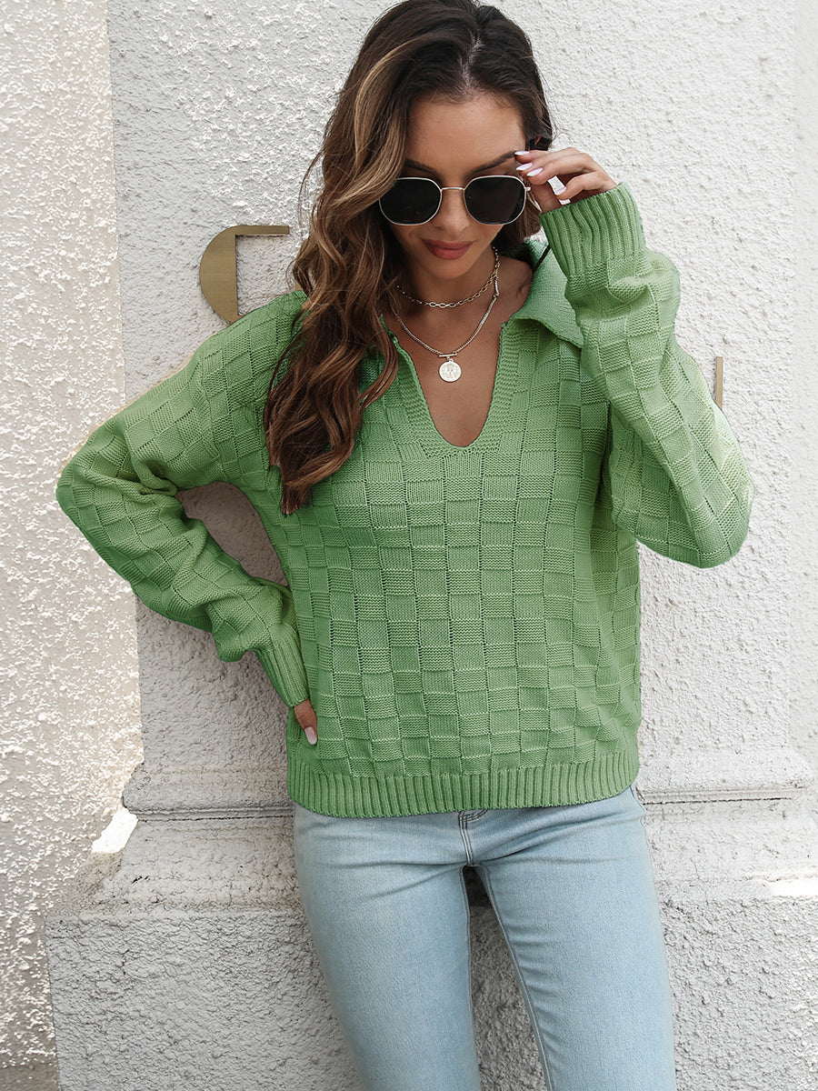 Johnny collar dropped shoulder sweater front view stylish casual knitwear