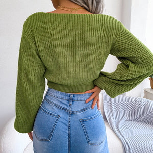 Back view of tie-front rib-knit cropped sweater