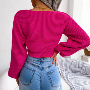 Rear view of rib-knit cropped sweater