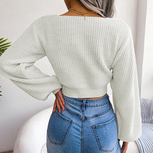 Back design of tie-front rib-knit cropped sweater