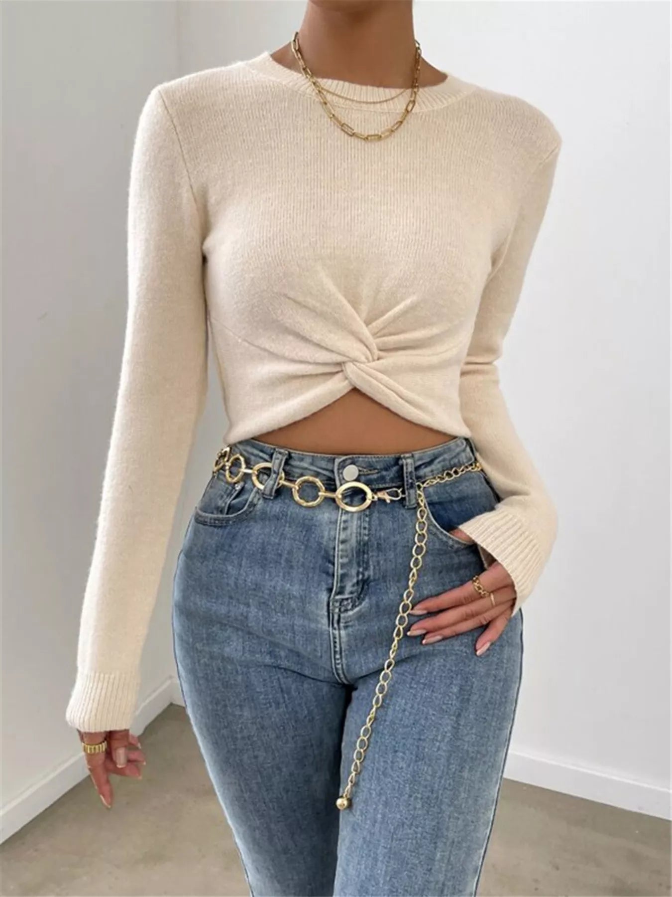 Twisted front cropped knit top front view
