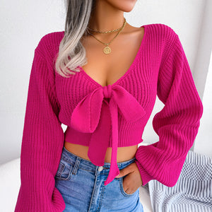 Front fit of tie-front rib-knit cropped sweater