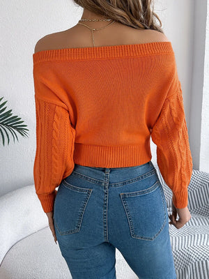 cable knit off shoulder sweater back view elegant winter knit
