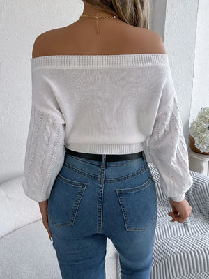 cable knit off shoulder long sleeve sweater back detail view