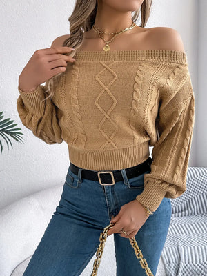 women cable knit off shoulder long sleeve sweater front design