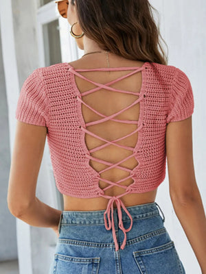 Back style lace-up openwork square neck sweater knitwear