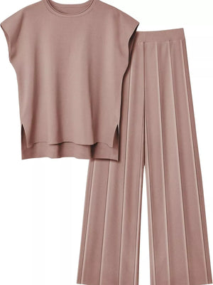 Displayed knit two-piece outfit showing top and pants