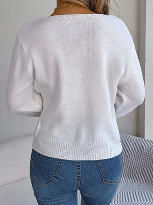 Cable knit square neck sweater back view showing design and fit