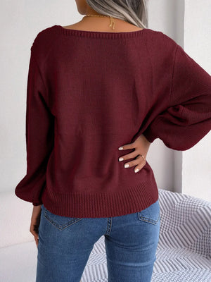 Back view cable knit long sleeve sweater square neckline design