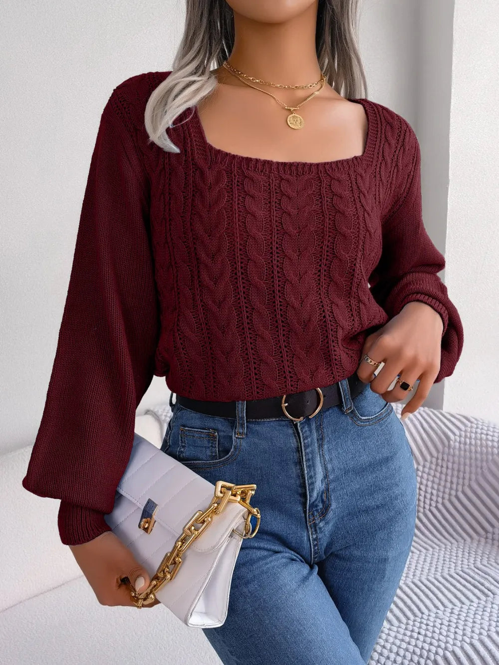 Cable knit sweater square neck front fashion everyday outfit
