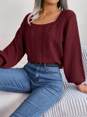 Elegant women sweater square neck cable knit front design