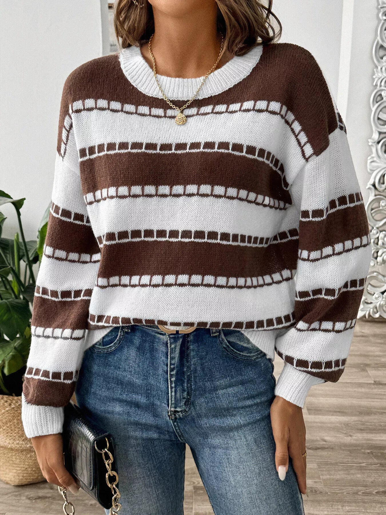 front view striped dropped shoulder sweater casual outfit
