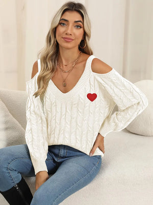 Trendy front image of Cable-Knit Heart V-Neck Sweater for seasonal outfits