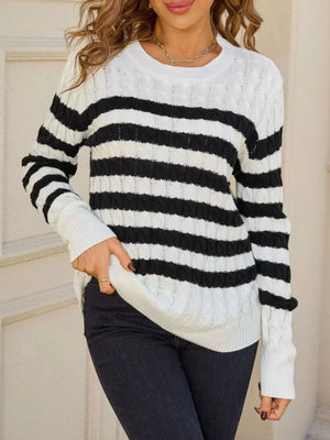 striped round neck sweater front soft knit fabric