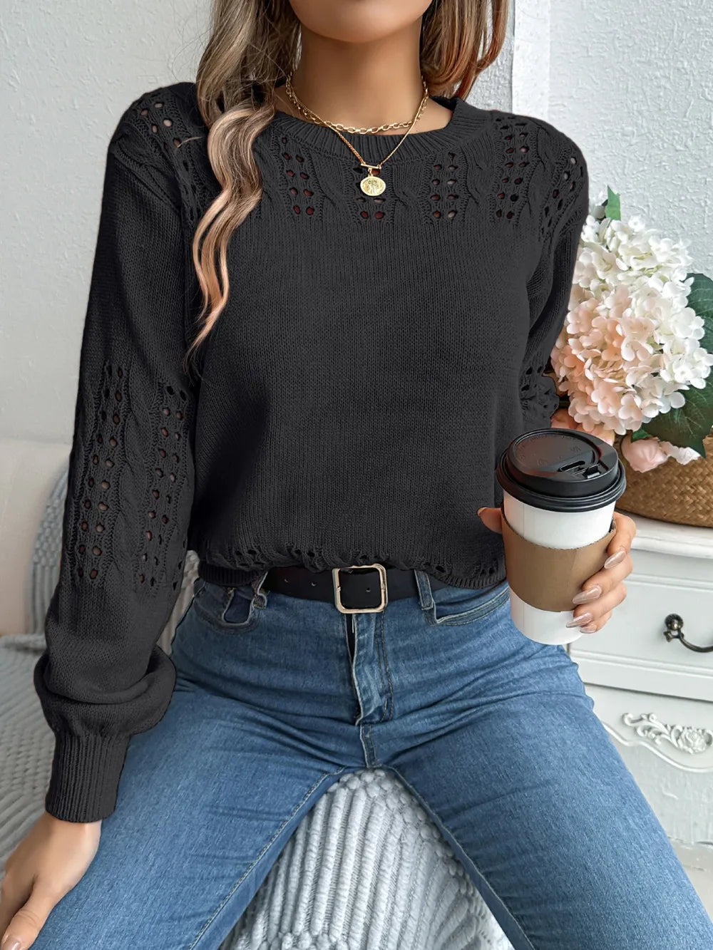 front look openwork sweater soft and breathable fabric