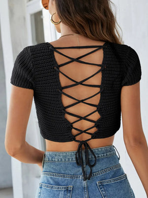 Back view lace-up openwork square neck sweater knit design