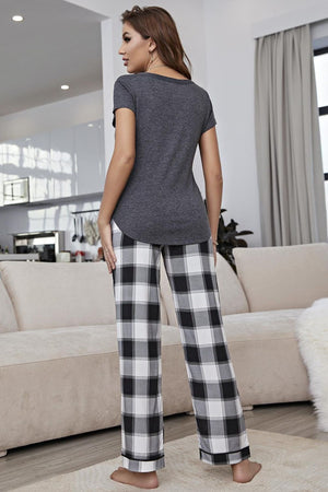 Curved hem short sleeve top and plaid pants lounge set back view