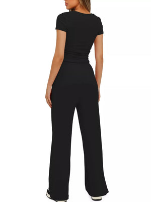 Back view of short sleeve top and drawstring pants set