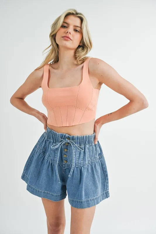 Corset style knit crop top front detail