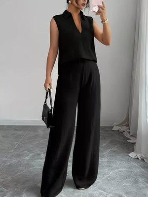 minimal sleeveless top and wide pants set front
