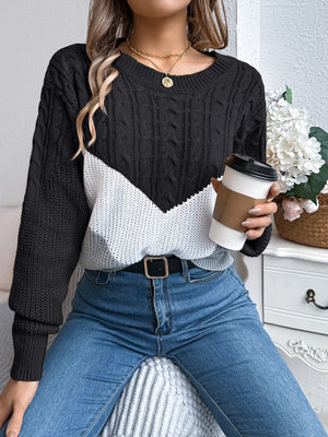 Modern cable knit color block sweater front view everyday wear
